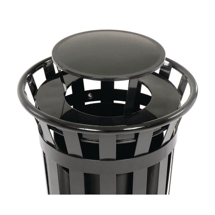 Outdoor Slatted Steel Trash Can, Rain Bonnet Lid, 24 gal, Black