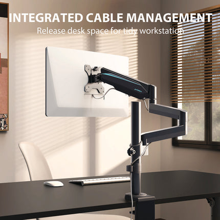 Single Monitor Arm, For 32" Monitors, 90 deg Rotation, 35 deg Tilt, 360 deg Pan, Black, Supports 17.6 lbs