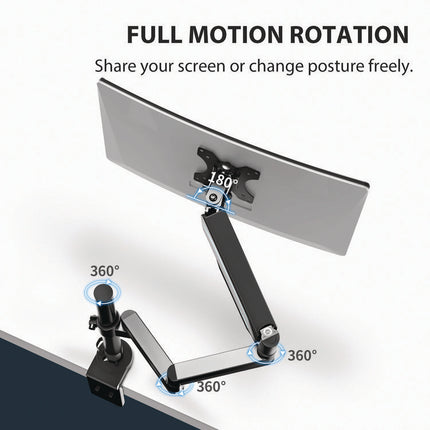 Single Monitor Arm, For 32" Monitors, 90 deg Rotation, 35 deg Tilt, 360 deg Pan, Black, Supports 17.6 lbs