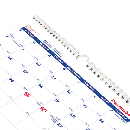 Three-Month Wall Calendar, 12.25" x 27", White/Blue Sheets, 14-Months: Dec 2024 to Jan 2026