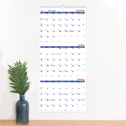 Three-Month Wall Calendar, 12.25" x 27", White/Blue Sheets, 14-Months: Dec 2024 to Jan 2026