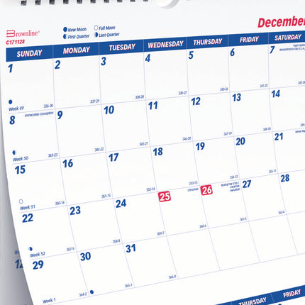 Three-Month Wall Calendar, 12.25" x 27", White/Blue Sheets, 14-Months: Dec 2024 to Jan 2026