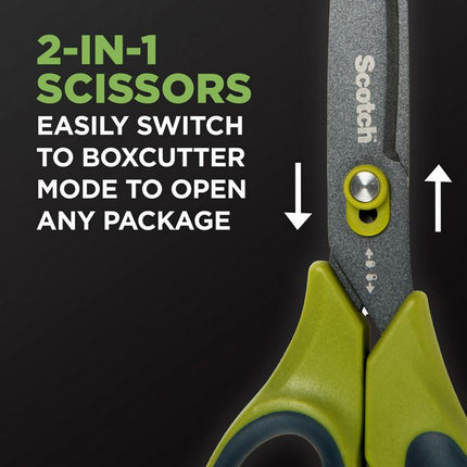 Non-Stick Unboxing Scissors, 8" Long, 2.7" Cut Length, Straight Green/Black Handle
