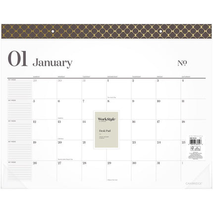 WorkStyle Monthly Desk Pad Calendar, 21.75 x 17, White Sheets, Brown/Gold Headband, Clear Corners, 12-Month (Jan-Dec): 2025