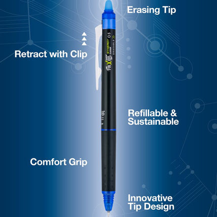 FriXion Synergy Clicker Erasable Gel Pen, Retractable, Extra-Fine 0.5 mm, Blue Ink, Black/Blue Barrel, Dozen