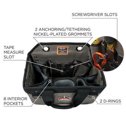 Arsenal 5846 Bucket Truck Tool Bag, Locking Aerial Bucket Hooks, 8 Compartments/2 Grommet, 13 x 7.5 x 7.5, Gray