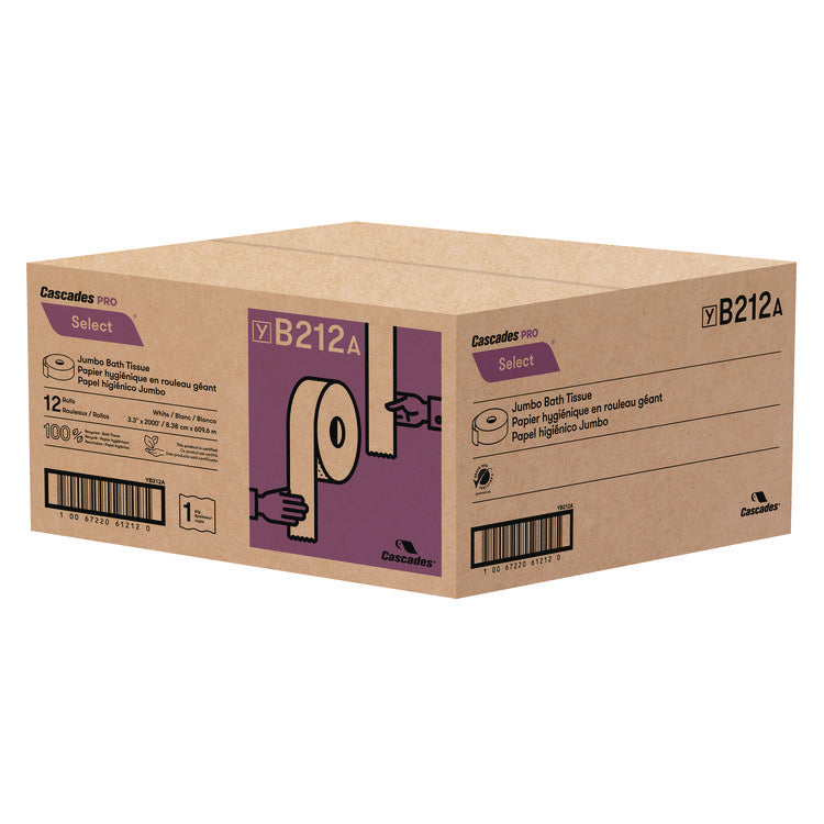 Select Jumbo Bath Tissue, Septic-Safe, 1-Ply, White, 3.3" x 2,000 ft, 12 Rolls/Carton