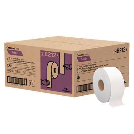 Select Jumbo Bath Tissue, Septic-Safe, 1-Ply, White, 3.3" x 2,000 ft, 12 Rolls/Carton