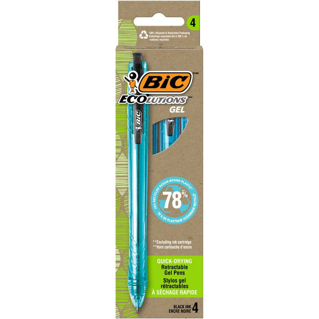 Ecolutions Gel Pen, Retractable, Medium 1 mm, Black Ink, Blue Barrel, 4/Pack