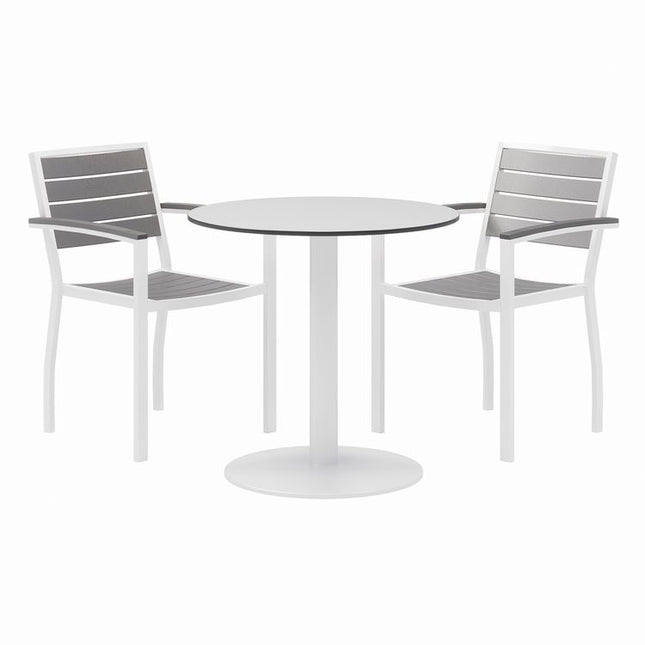 Eveleen Outdoor Patio Table with Two Gray Powder-Coated Polymer Chairs, 30" Dia x 29h, Designer White