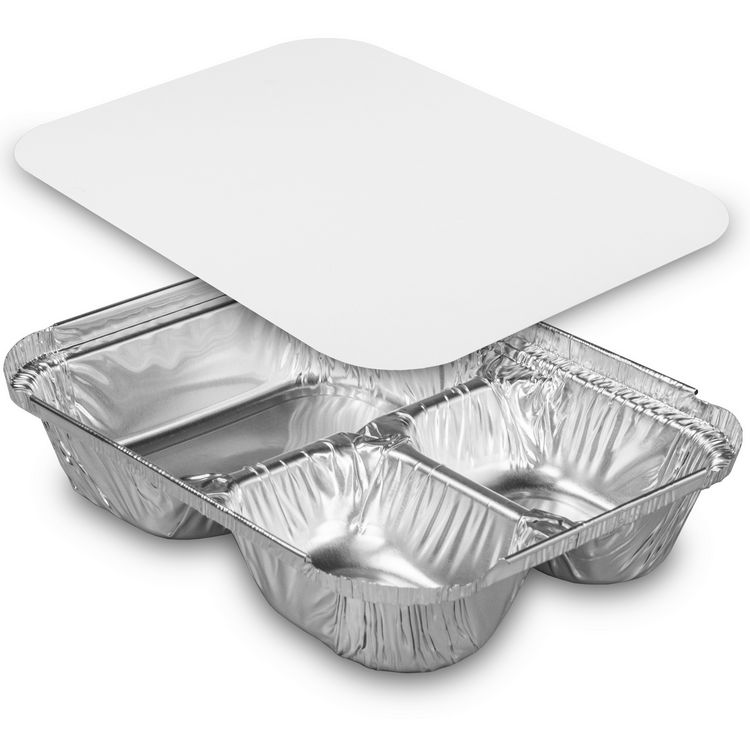 Three-Compartment Oblong Food Container, 24 oz, 6.38 x 1.47 x 8, Silver, Aluminum, 500/Carton
