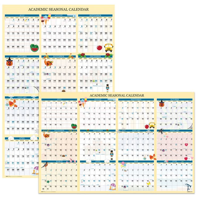 Recycled Academic Seasonal Laminated Wall Calendar, Illustrated Seasons, 24 x 37, 12-Month (July to June), 2024 to 2025