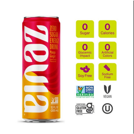 Zero Sugar Naturally Sweetened Energy Drink, Mango Ginger, 12 oz Can, 12/Carton