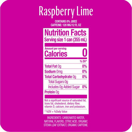 Zero Sugar Naturally Sweetened Energy Drink, Raspberry Lime, 12 oz Can, 12/Carton