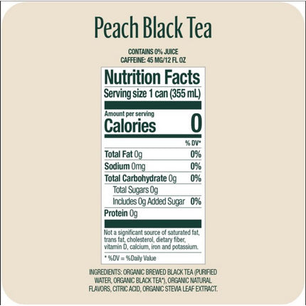 Zero Sugar Naturally Sweetened Black Tea, Peach Black Tea, 12 oz Can, 12/Carton