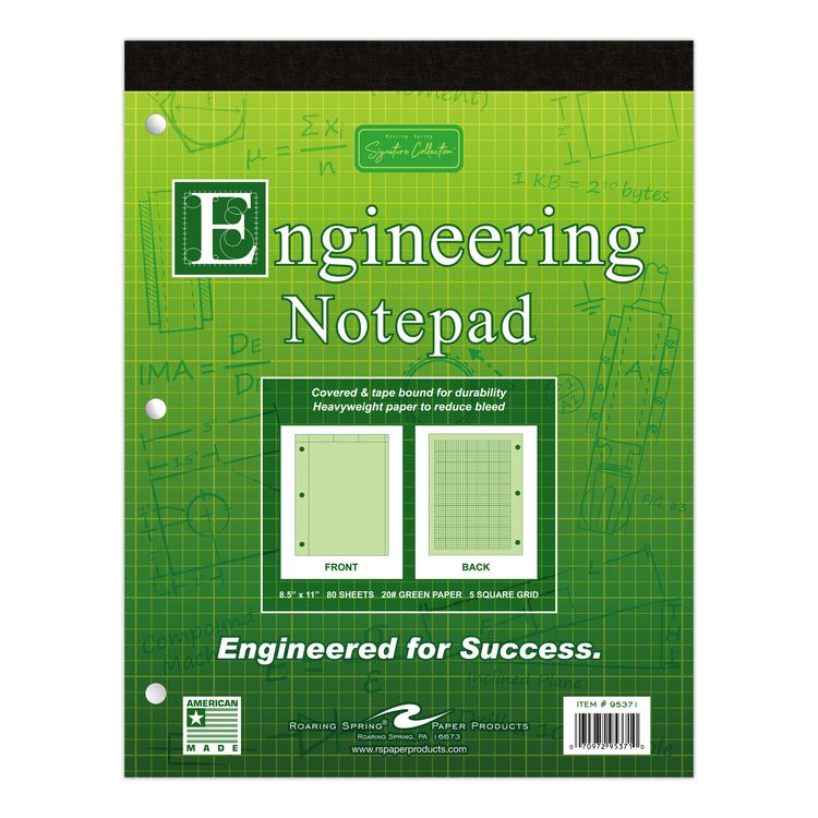 Covered Engineering Pad, 5 sq/in Quadrille Rule, 80 Green 8.5 x 11 Sheets, 24/Carton