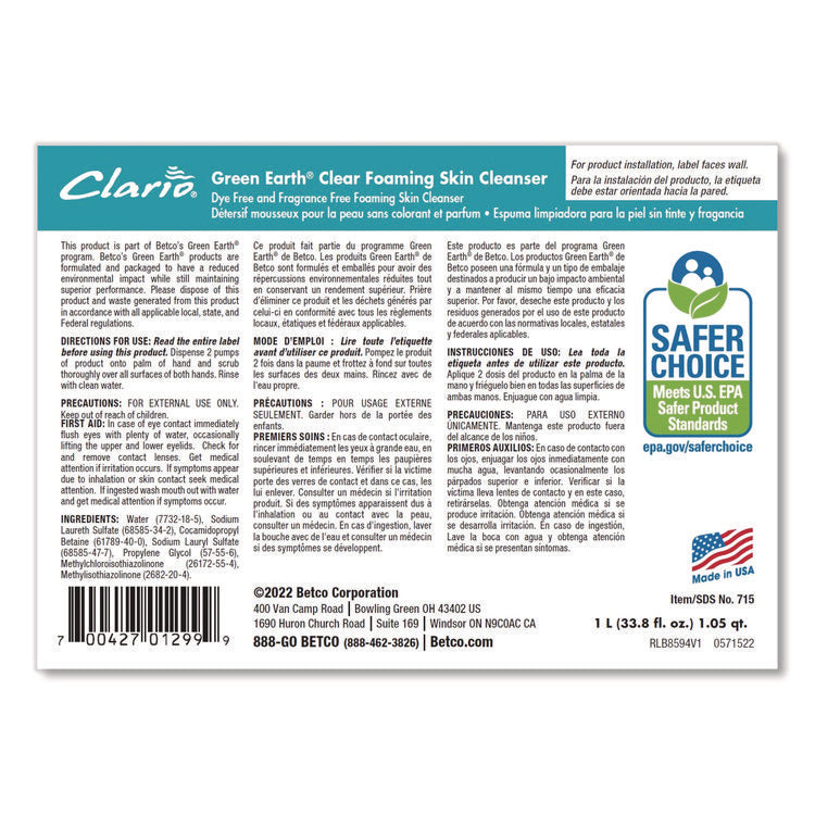 Green Earth Clear Foaming Skin Cleanser Refill, Fragrance-Free, 1,000 mL, 6/Carton