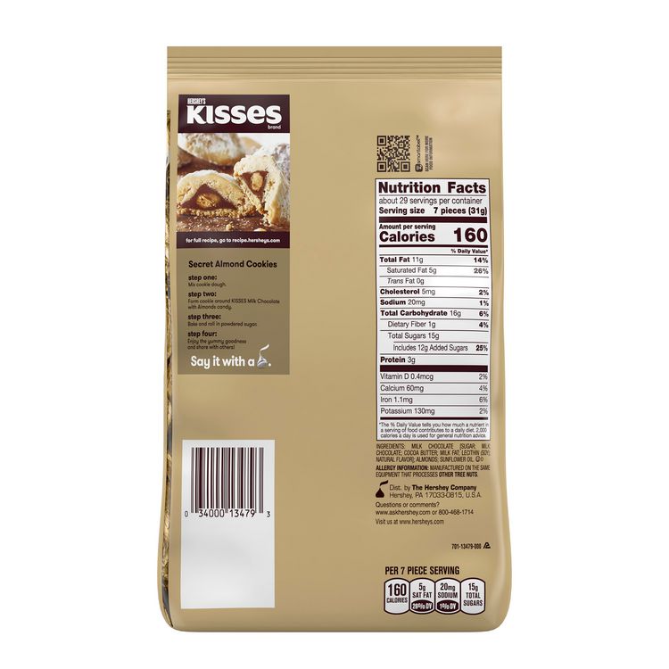 KISSES with Almonds, Milk Chocolate, 32 oz Pack, 2 Packs/Carton