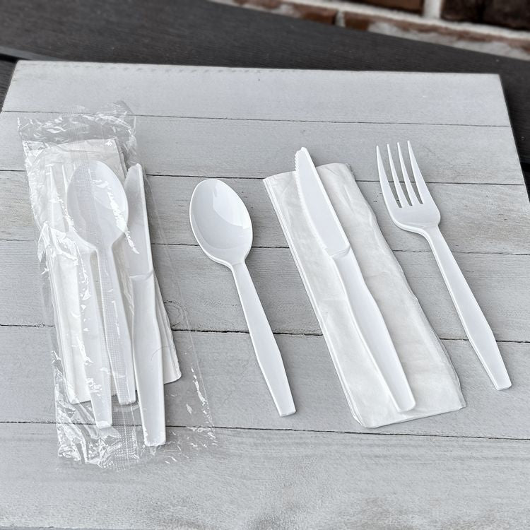 Four-Piece Polystyrene Cutlery Kit, Mediumweight, Fork/Knife/Napkin/Spoon, Plastic, White, 250/Carton