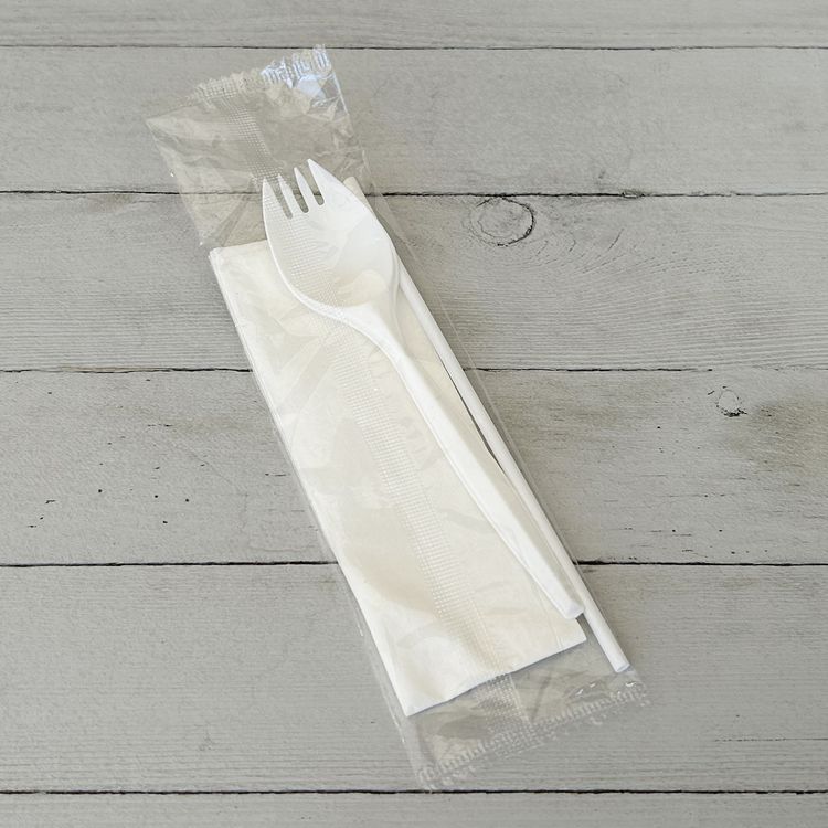 School Cutlery Kit, Mediumweight, Napkin/Spork/Straw, 5.31", Plastic, White, 1,000/Carton