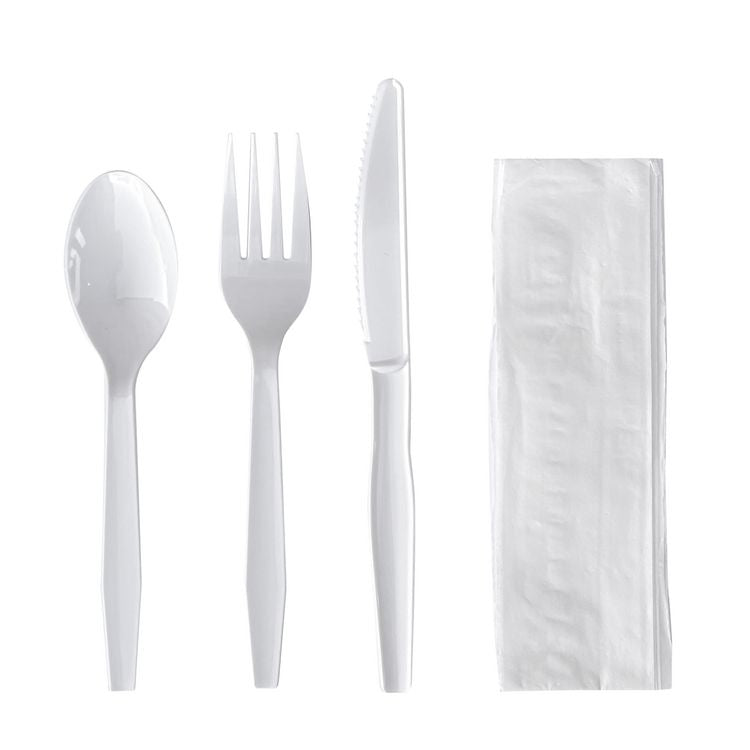 Four-Piece Polystyrene Cutlery Kit, Mediumweight, Fork/Knife/Napkin/Spoon, Plastic, White, 250/Carton