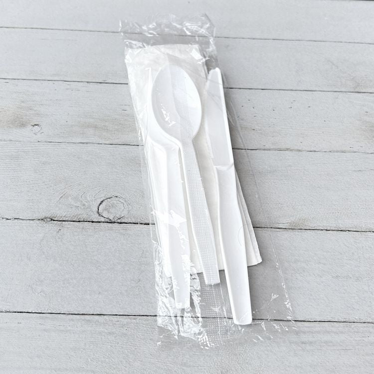 Four-Piece Polystyrene Cutlery Kit, Mediumweight, Fork/Knife/Napkin/Spoon, Plastic, White, 250/Carton