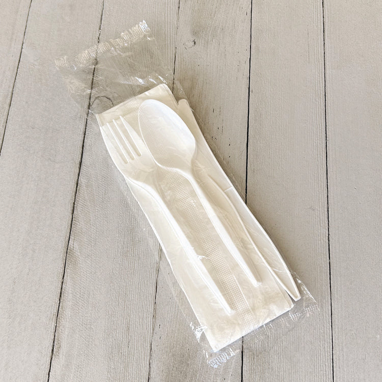 Four-Piece Polypropylene Cutlery Kit, Mediumweight, Fork/Knife/Napkin/Spoon, Plastic, White, 250/Carton