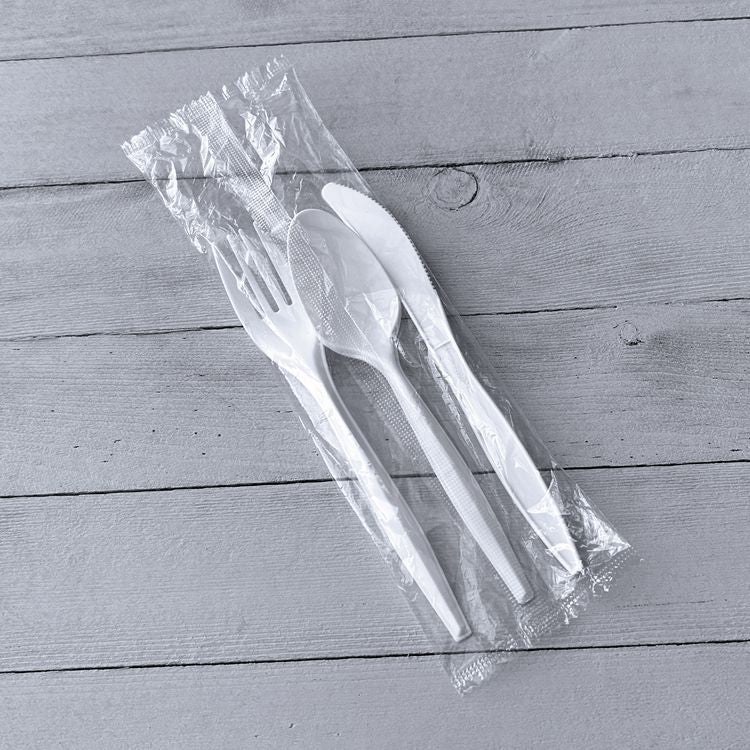 Three-Piece Cutlery Kit, Mediumweight, Fork/Knife/Spoon, 6.97", Plastic, White, 250/Carton