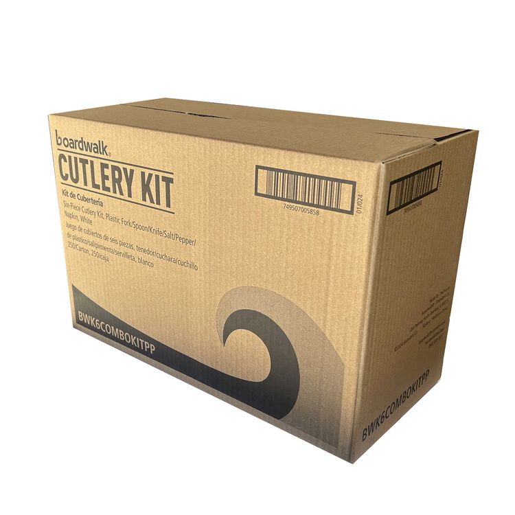 Six-Piece Cutlery Kit, Mediumweight, Fork/Knife/Napkin/Pepper/Salt/Spoon, 5.86", Plastic, White, 250/Carton