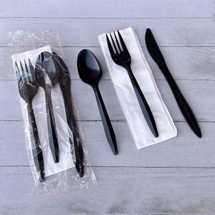 Four-Piece Cutlery Kit, Mediumweight, Fork/Knife/Napkin/Spoon, Plastic, 6.38", Black, 250/Carton