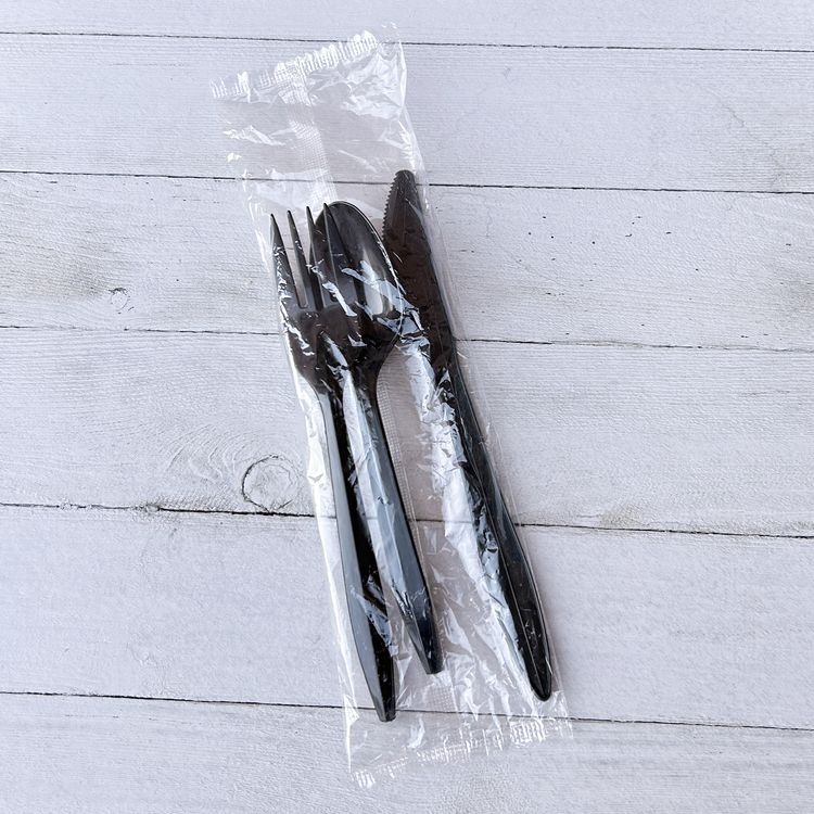 Three-Piece Polypropylene Cutlery Kit, Mediumweight, Fork/Knife/Spoon, Plastic, Black, 250/Carton