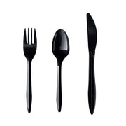 Three-Piece Polypropylene Cutlery Kit, Mediumweight, Fork/Knife/Spoon, Plastic, Black, 250/Carton