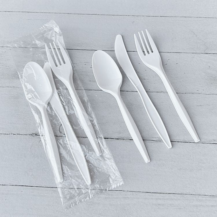 Three-Piece Cutlery Kit, Mediumweight, Fork/Knife/Spoon, 6.97", Plastic, White, 250/Carton