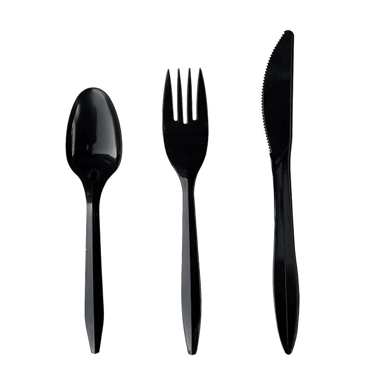 Four-Piece Cutlery Kit, Mediumweight, Fork/Knife/Napkin/Spoon, Plastic, 6.38", Black, 250/Carton