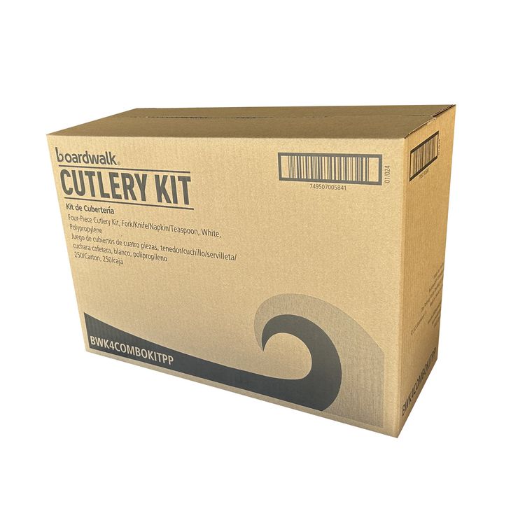 Four-Piece Polypropylene Cutlery Kit, Mediumweight, Fork/Knife/Napkin/Spoon, Plastic, White, 250/Carton