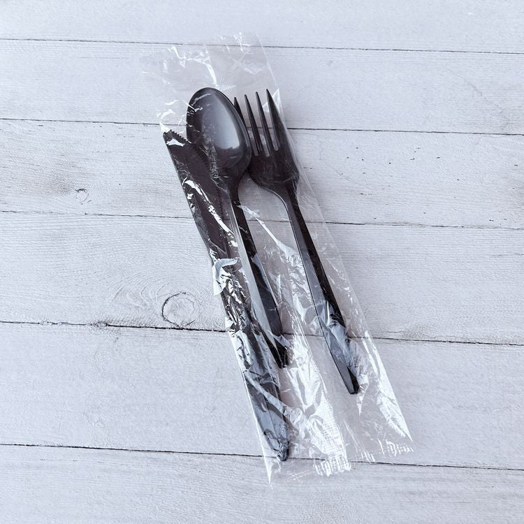 Three-Piece Polystyrene Cutlery Kit, Mediumweight, Fork/Knife/Spoon, Plastic, Black, 250/Carton