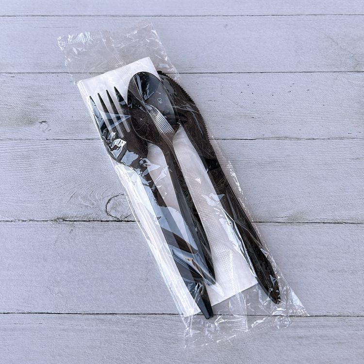 Four-Piece Cutlery Kit, Mediumweight, Fork/Knife/Napkin/Spoon, Plastic, 6.38", Black, 250/Carton