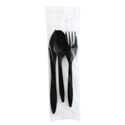 Three-Piece Polystyrene Cutlery Kit, Mediumweight, Fork/Knife/Spoon, Plastic, Black, 250/Carton