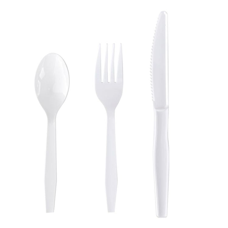 Three-Piece Polystyrene Cutlery Kit, Heavyweight, Fork/Knife/Spoon, Plastic, White, 250/Carton