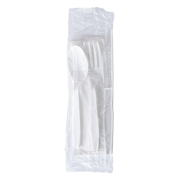 Four-Piece Polystyrene Cutlery Kit, Mediumweight, Fork/Knife/Napkin/Spoon, Plastic, White, 250/Carton