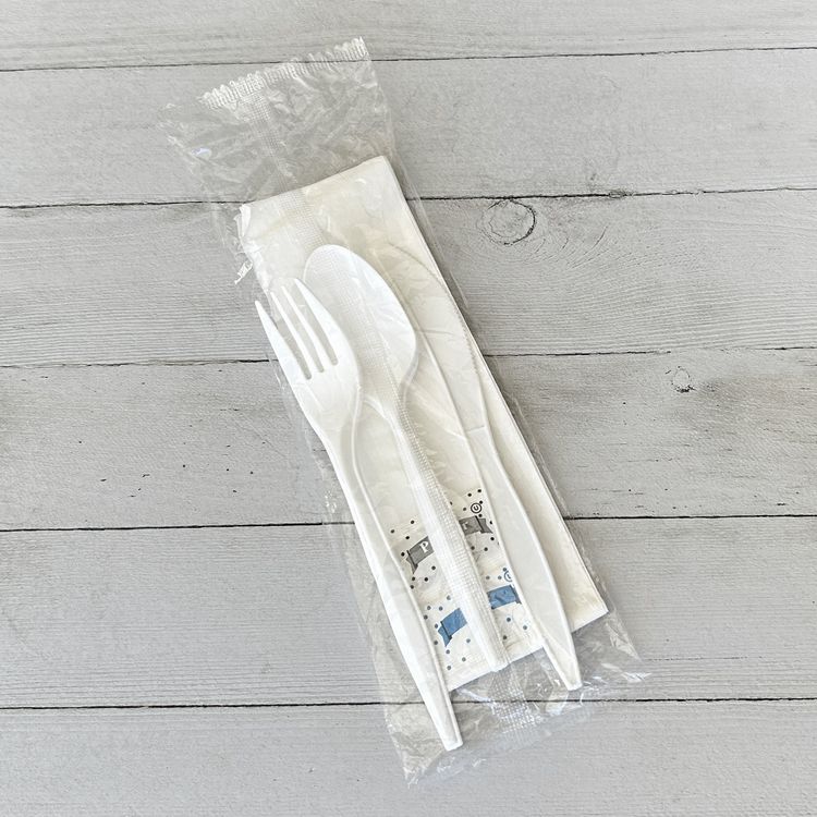 Six-Piece Cutlery Kit, Mediumweight, Fork/Knife/Napkin/Pepper/Salt/Spoon, 5.86", Plastic, White, 250/Carton