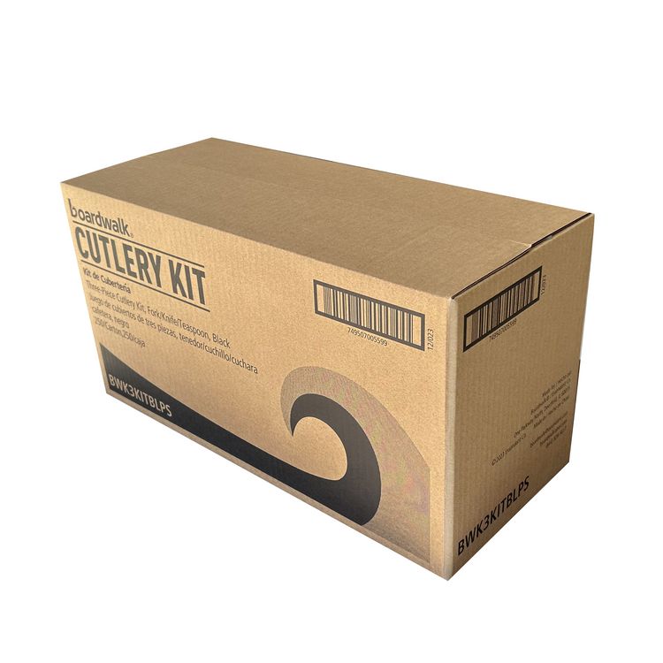 Three-Piece Polystyrene Cutlery Kit, Mediumweight, Fork/Knife/Spoon, Plastic, Black, 250/Carton