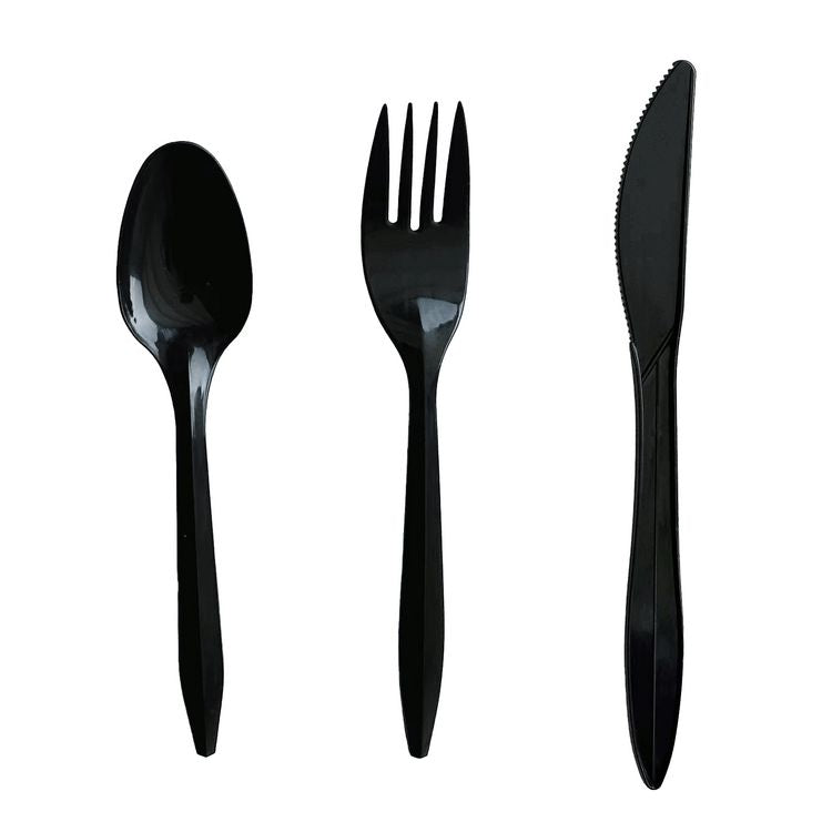 Three-Piece Polystyrene Cutlery Kit, Mediumweight, Fork/Knife/Spoon, Plastic, Black, 250/Carton