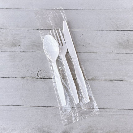 Three-Piece Polystyrene Cutlery Kit, Heavyweight, Fork/Knife/Spoon, Plastic, White, 250/Carton