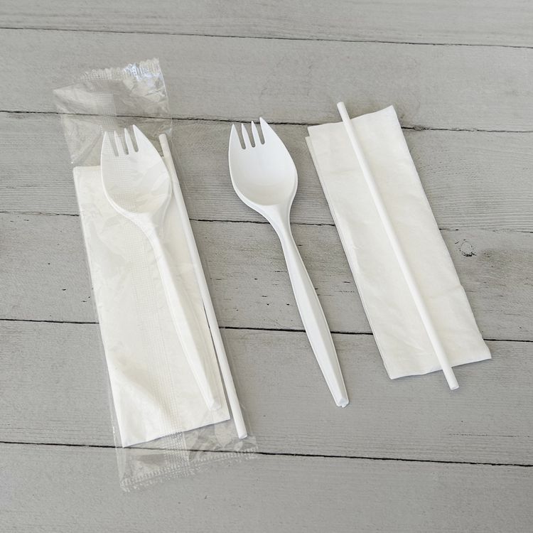 School Cutlery Kit, Mediumweight, Napkin/Spork/Straw, 5.31", Plastic, White, 1,000/Carton