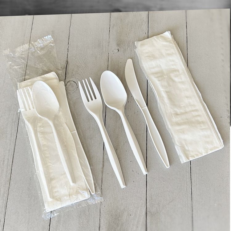 Four-Piece Polypropylene Cutlery Kit, Mediumweight, Fork/Knife/Napkin/Spoon, Plastic, White, 250/Carton