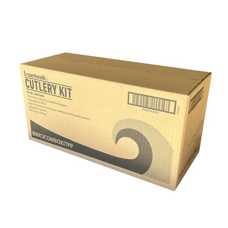 Three-Piece Cutlery Kit, Mediumweight, Fork/Knife/Spoon, 6.97", Plastic, White, 250/Carton