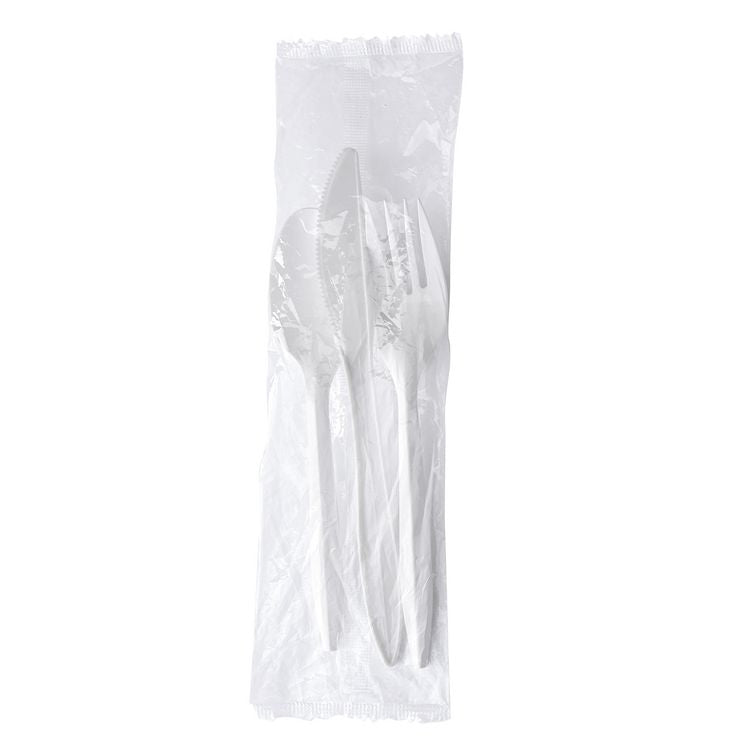 Three-Piece Polystyrene Cutlery Kit, Mediumweight, Fork/Knife/Spoon, Plastic, White, 250/Carton