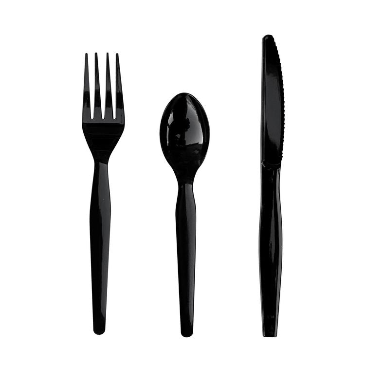 Three-Piece Polystyrene Cutlery Kit, Heavyweight, Fork/Knife/Spoon, Plastic, Black, 250/Carton