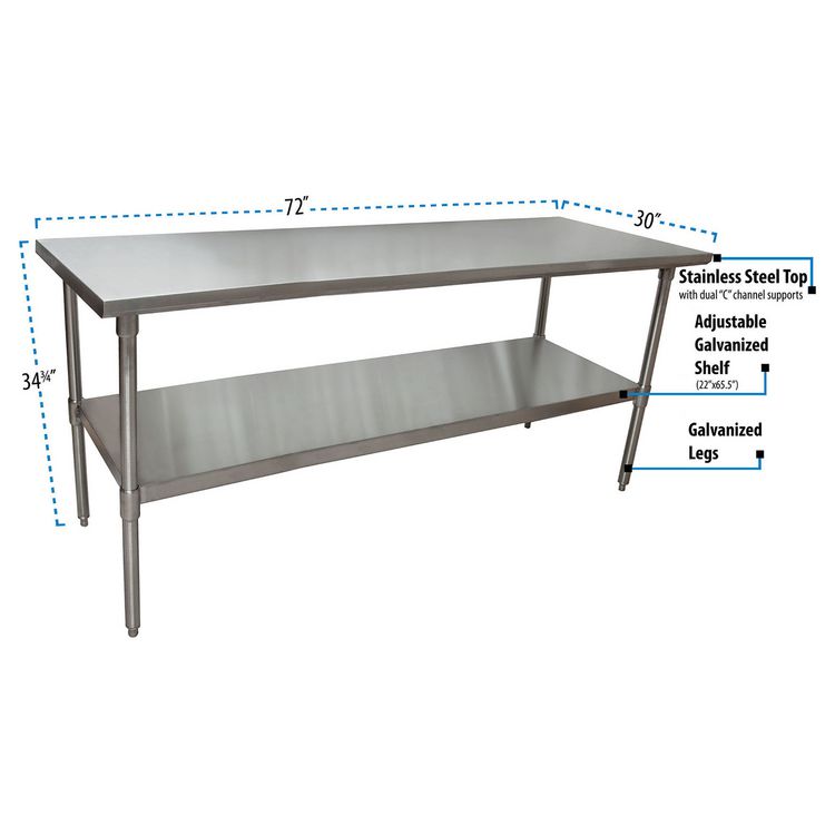 Stainless Steel Flat Top Work Tables, 72w x 30d x 36h, Silver, 2/Pallet